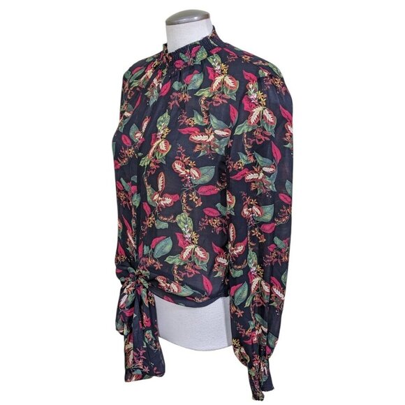 Maison Cinquecent Womens XS Top Black Floral Sheer Tie Front Smocked Mock Neck - Picture 4 of 8